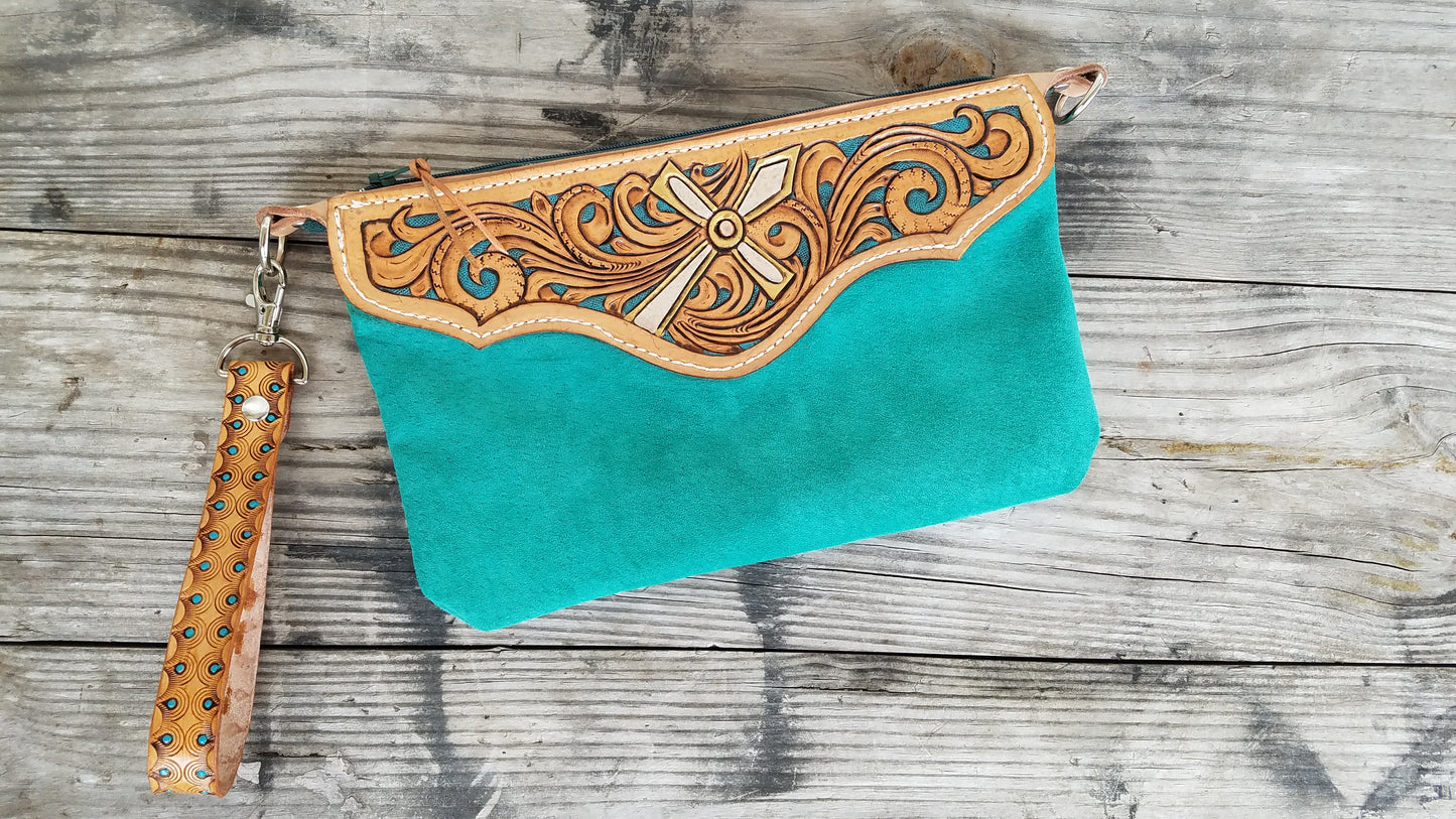 Leather and turquoise suede wristlet