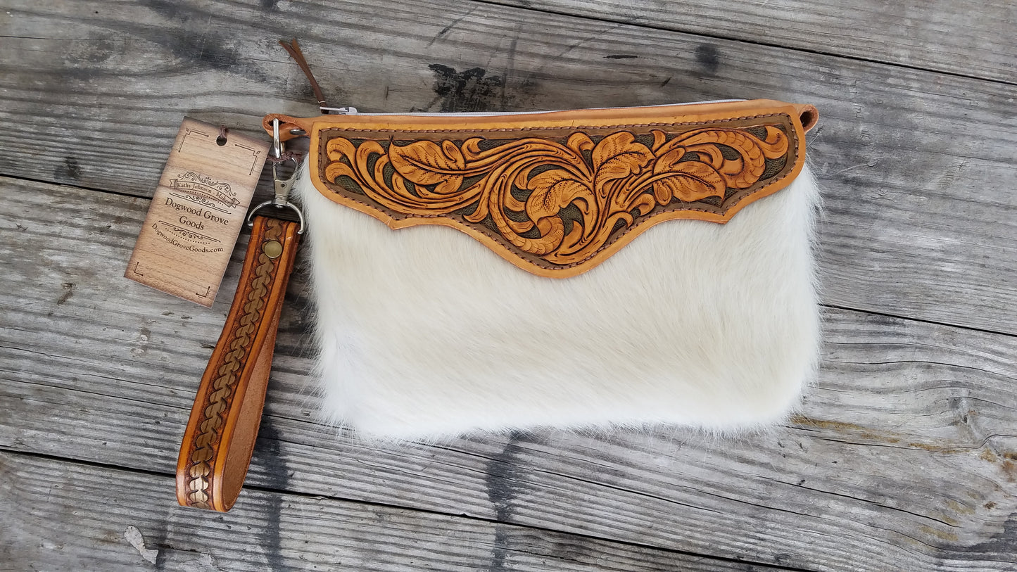 White Hair-on Cowhide with Leather tooling