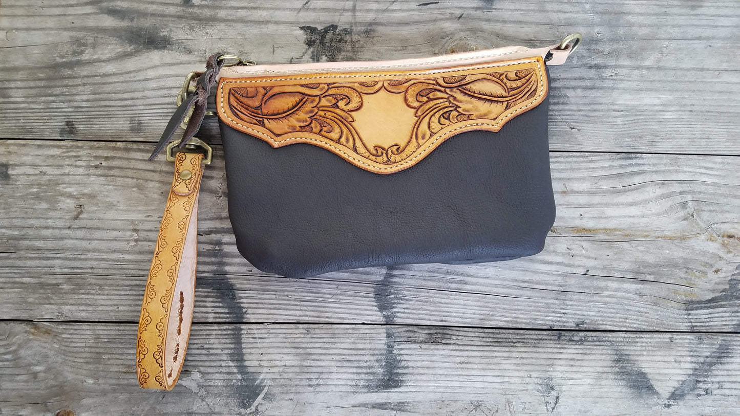 Hand tooled leather wristlet - brown