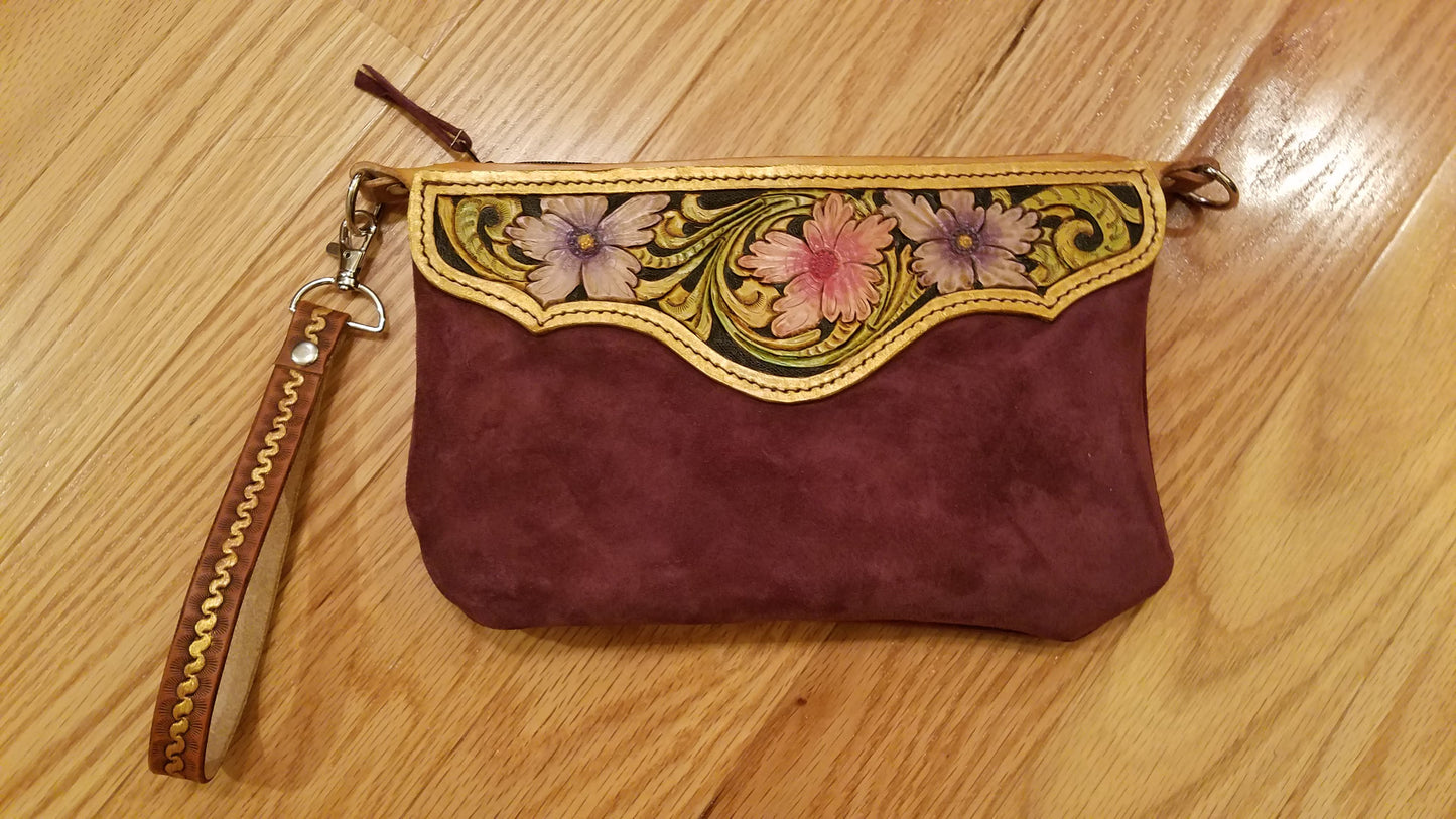 Violet Suede Floral Wristlet