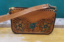 Load image into Gallery viewer, Purse with turquoise flowers and leather braiding