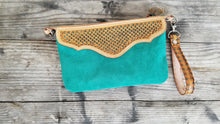 Load image into Gallery viewer, Leather and turquoise suede wristlet