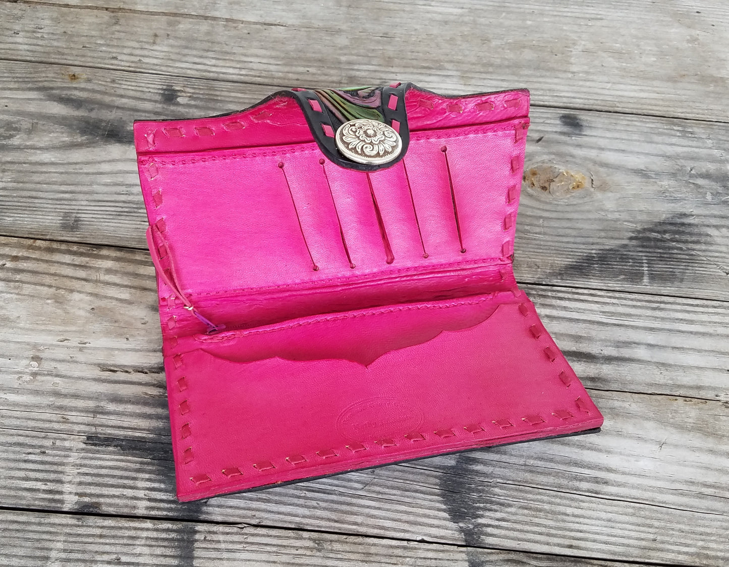 Colorful hand tooled leather clutch wallet