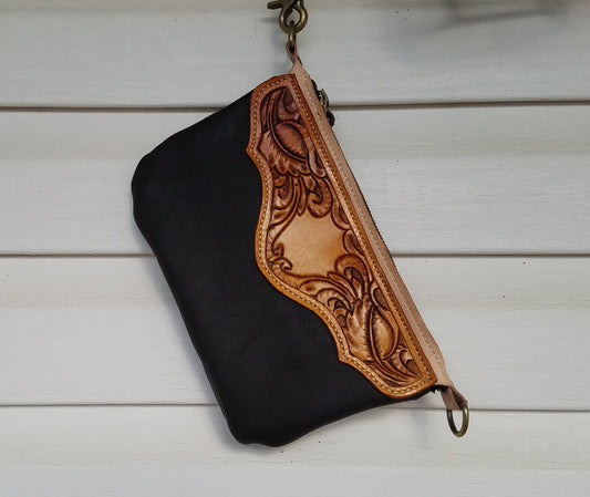 Hand tooled leather wristlet  - brown