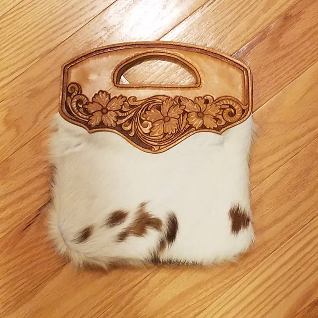 Hair-on Cowhide Bag with Leather Tooling