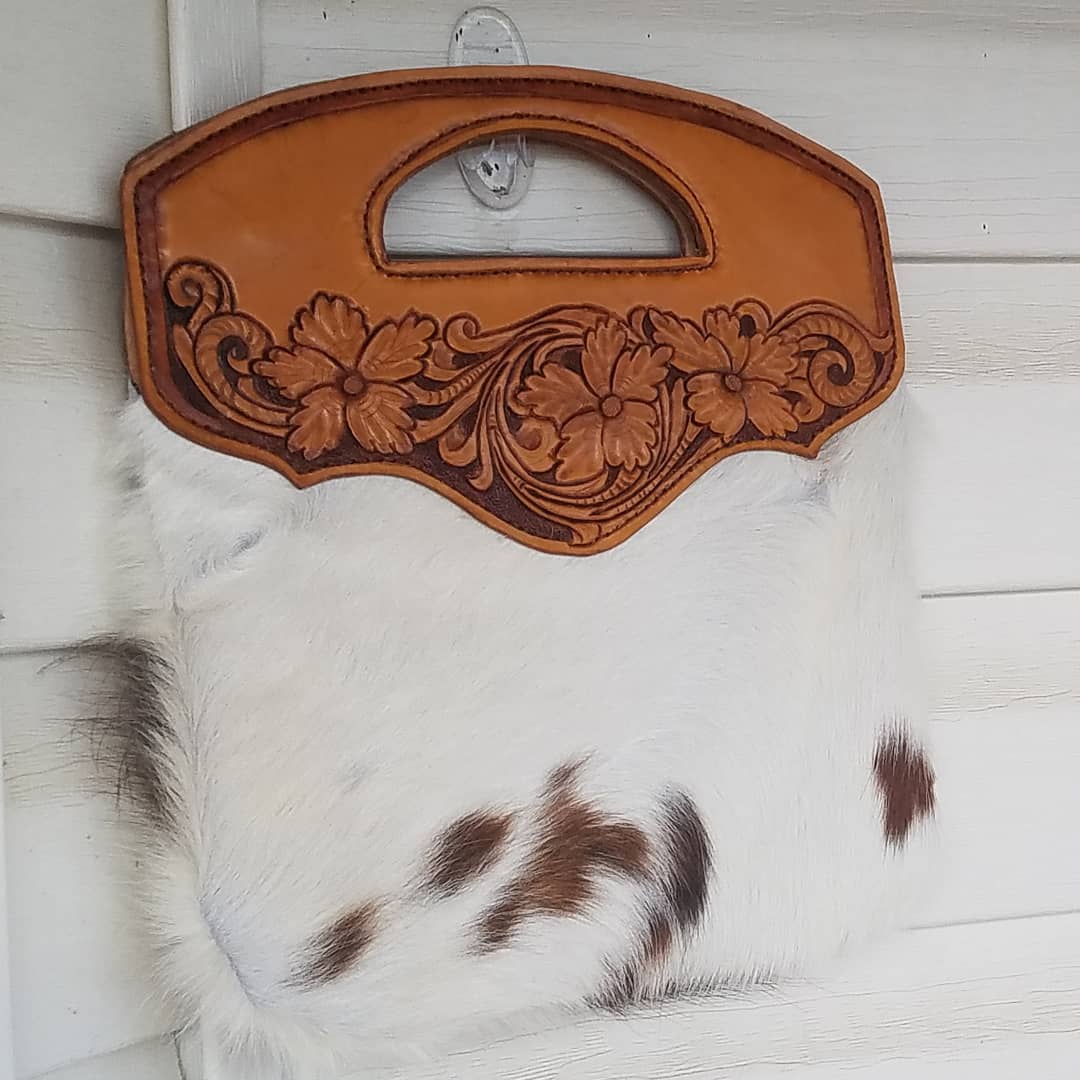 Hair-on Cowhide Bag with Leather Tooling